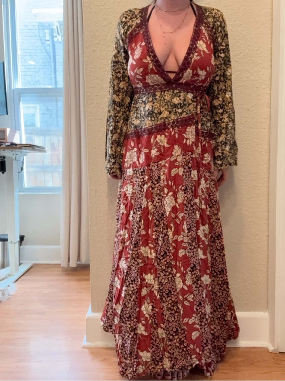 Boho Freepeople Floral Wrap Maxi Dress - Rust/Olive